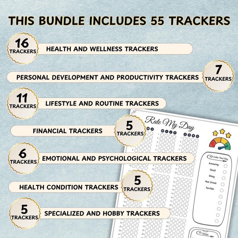 Pixel tracker bundle with habit trackers and journaling sheets for stress-free organization.