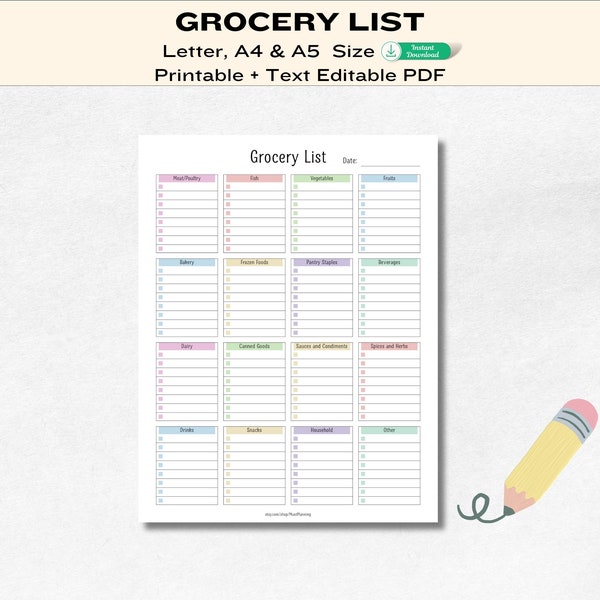 Essential Grocery List Printable Planner Template for Meal Mastery, Food Shopping List, Letter, A4 A5 PDF