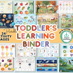 Puede incluir: Un colorido cuaderno de aprendizaje para niños pequeños con 26 páginas de actividades imprimibles. Las páginas cubren temas como el clima, las verduras, los animales marinos, los animales de granja y las formas. Disponible en tamaños A4 y Carta.