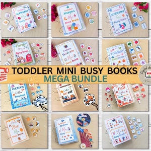 May include: A digital download bundle of 10 toddler mini busy books. Each book is half letter A5 size and features colorful illustrations and activities. The books cover topics such as the alphabet, shapes, colors, numbers, farm animals, ocean life, construction, fall, solar system, and professions.