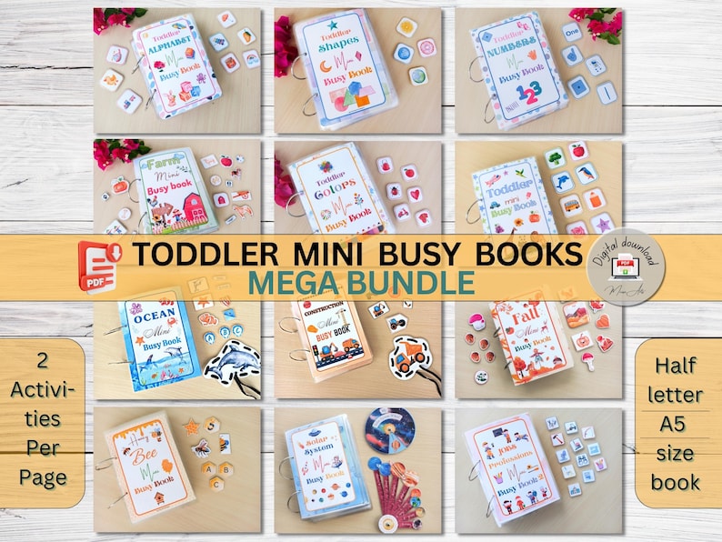 May include: A digital download bundle of 10 toddler mini busy books. Each book is half letter A5 size and features colorful illustrations and activities. The books cover topics such as the alphabet, shapes, colors, numbers, farm animals, ocean life, construction, fall, solar system, and professions.