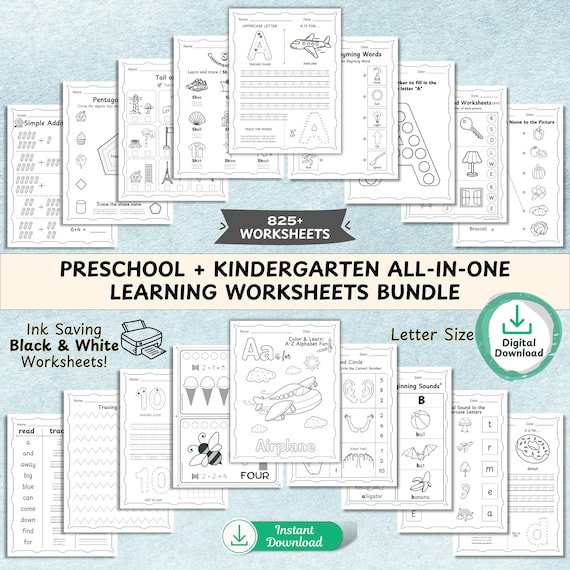 825+ Page Preschool Learning Worksheets Bundle for Kindergarten PRINTABLE Toddler Montessori Activities Alphabet Numbers Math Colors Shapes