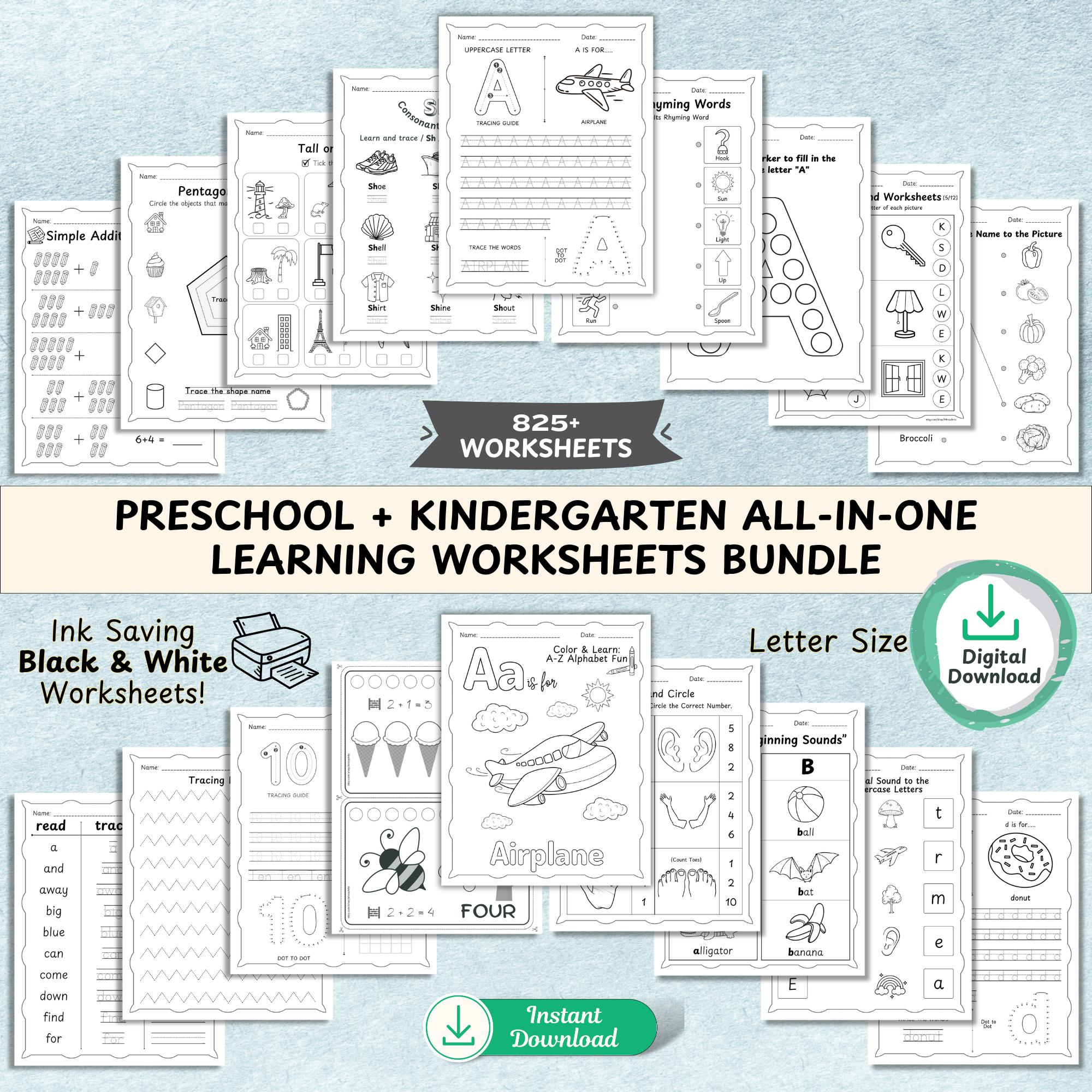 825+ Page Preschool Learning Worksheets Bundle for Kindergarten