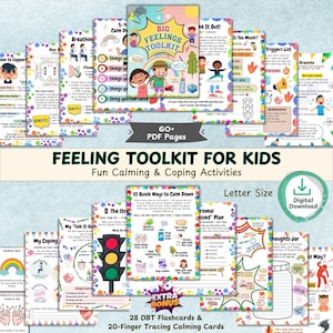 May include: A collection of colorful printable pages titled "Feeling Toolkit for Kids." The toolkit includes guides on breathing, coping, and managing big feelings. The image also includes the text "60+ PDF Pages" and "Digital Download."