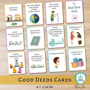 Druckbare tägliche gute Taten Karteikarten für Kinder Ramadan Karten - Islamische Karten - Set mit 47 Karten