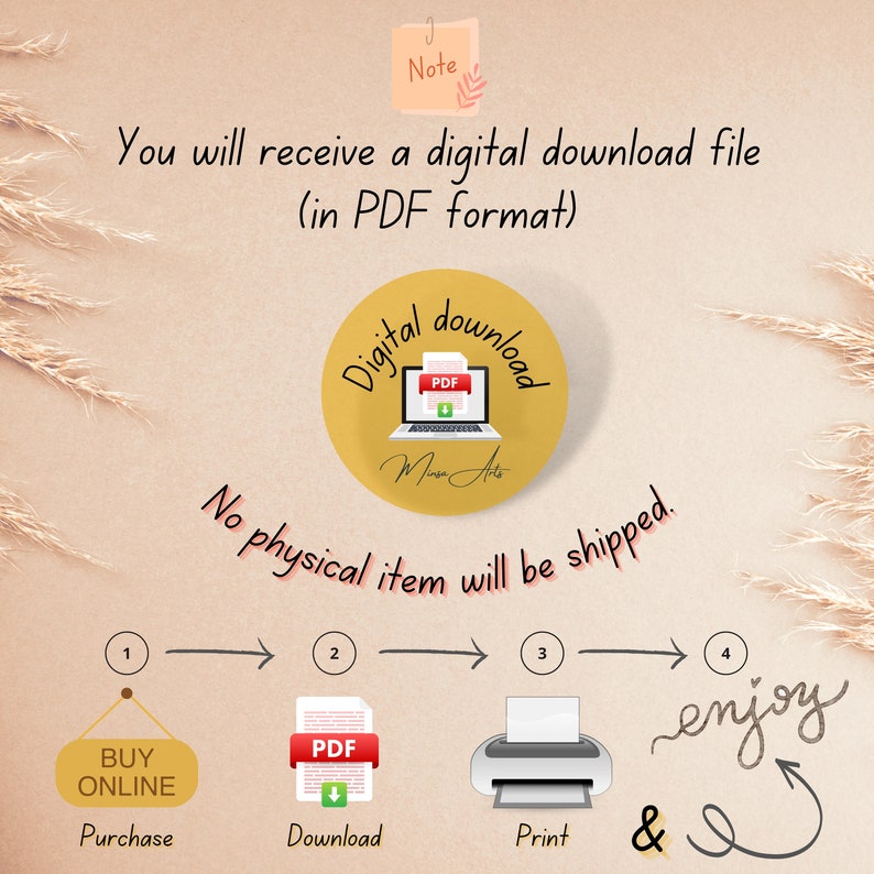 May include: A digital download graphic with a yellow circle containing the words "Digital Download" and a laptop with a PDF icon. The graphic also includes a note that says "You will receive a digital download file (in PDF format)" and "No physical item will be shipped."