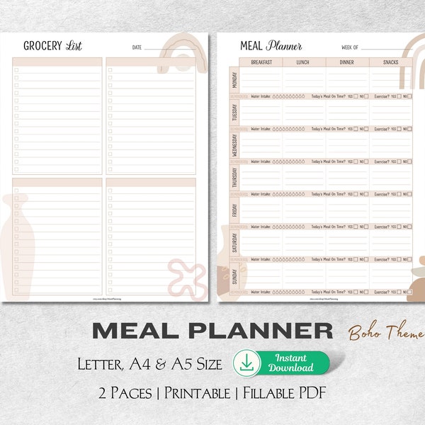 Boho Vibes Meal Planner - Text Editable Weekly Menus, Groovy Grocery Lists, and Kitchen Harmony for Free Spirits | Instant Download