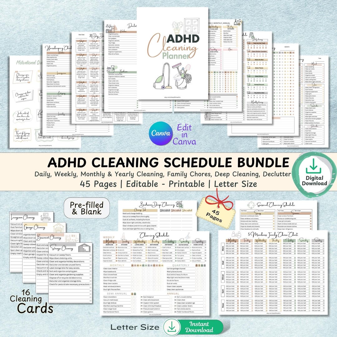 Editable ADHD Cleaning Planner Bundle | Deep Clean Checklist ...