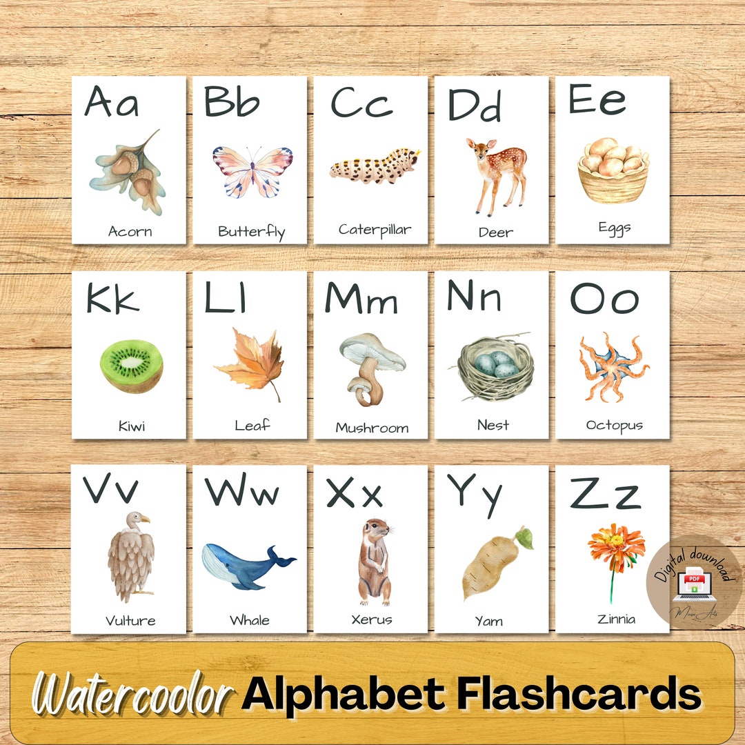 Nature Alphabet Printable Cards, Watercolor Nature Abc Flashcards