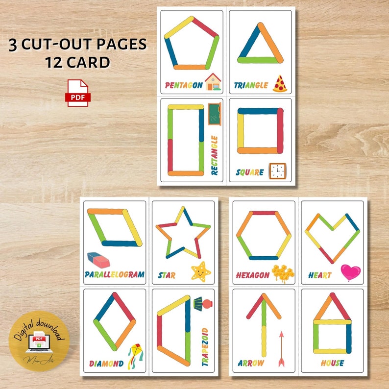 May include: A printable PDF worksheet with 12 colorful geometric shapes, including a pentagon, triangle, rectangle, square, parallelogram, star, hexagon, heart, diamond, trapezoid, arrow, and house. Each shape is outlined in a different color and has a corresponding name.
