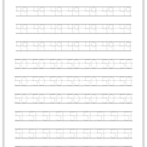 May include: Black and white printable worksheet with dotted lines for tracing the numbers 49, 50, and 51.  The numbers are repeated multiple times on each line.