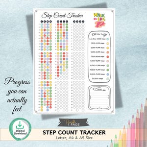 May include: Printable step count tracker with colorful circles for each day of the month. Includes a color key for step goals and space for notes. The text says "Progress you can actually feel."