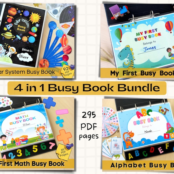 Busy Book Bundle 4in1, First Busy Book, Math Alphabet & Solar System Busy book, 295 Printable pages, Homeschool Preschool Learning Binder