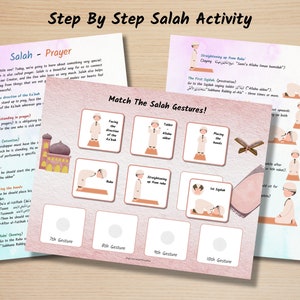 Puede incluir: Una hoja de trabajo ilustrada rosa y blanca con el título "Step By Step Salah Activity". La hoja de trabajo incluye instrucciones e ilustraciones para realizar la oración islámica, Salah. La hoja de trabajo también incluye un juego de emparejamiento con ilustraciones de diferentes posiciones de oración.