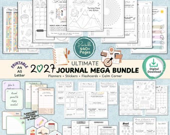 Dagboekbundel 2027, printbare planner/bullet journal, agenda 2027, trackers voor gewoontes, stemming, fitness en lezen (PDF, A4, A5, Letter)