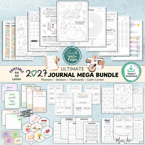 2027 Journal Bundle, PRINTABLE Planner Bullet Journal, 2027 Agenda, Habit Mood Fitness Reading Yearly Trackers PDF A4 A5 Letter