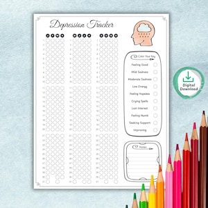 Coloring journal with annual planner pages and customizable pixel trackers for self-care.