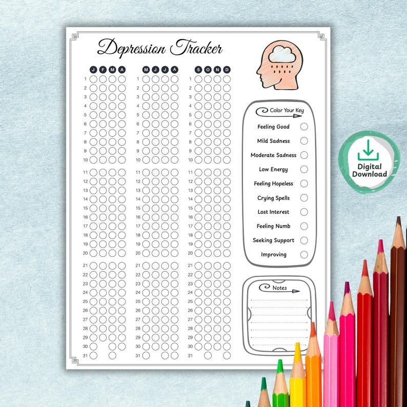 Coloring journal with annual planner pages and customizable pixel trackers for self-care.