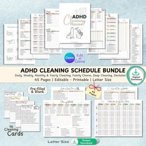 Bewerkbaar schoonmaakschema en takenschema | Wekelijkse, maandelijkse en jaarlijkse checklist | ADHD-schoonmaakplanner | Afdrukbare pdf | Huishoudelijke organisator