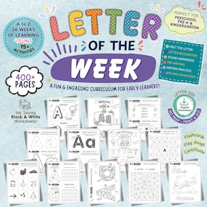 May include: A digital curriculum titled Letter of the Week featuring 400+ pages of black and white educational worksheets for early learners. The set includes letter recognition, writing practice, mazes, and coloring activities for A to Z.