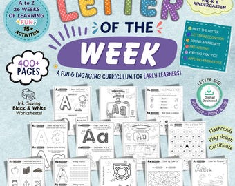 May include: A digital curriculum titled Letter of the Week featuring 400+ pages of black and white educational worksheets for early learners. The set includes letter recognition, writing practice, mazes, and coloring activities for A to Z.