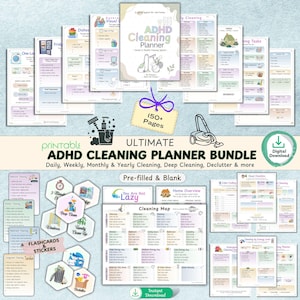 May include: A digital printable ADHD cleaning planner bundle with over 150 pages. The bundle includes daily, weekly, monthly, and yearly cleaning schedules, deep cleaning guides, and decluttering tips. Includes flashcards, stickers, and a cleaning map.