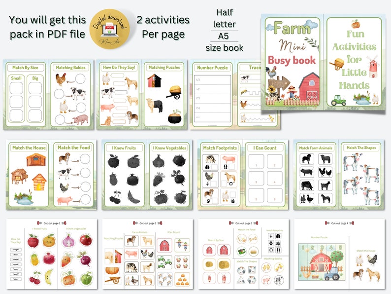 Printable farm-themed activity book for kids