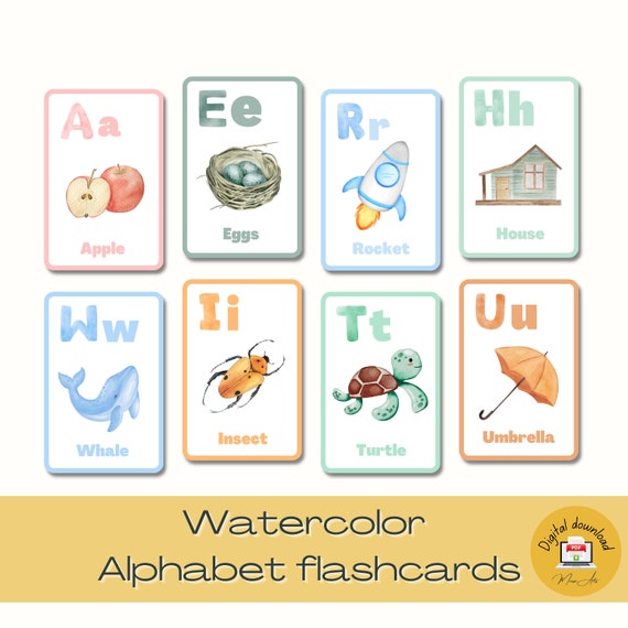 Watercolor Alphabet Flashcards ABC Montessori Cards Etsy