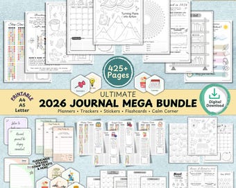 2026 Journal Planner Bundle, Printable Bullet Journal, Habit Mood Fitness Reading, Daily Weekly Monthly Yearly Trackers, Calendars, Digital