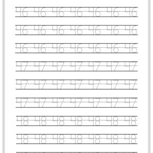 May include: A black and white printable worksheet with dotted lines for tracing the numbers 46, 47, and 48.  The worksheet is designed for children learning to write numbers.