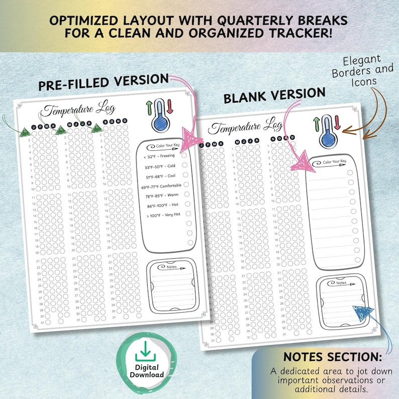 Premade journal pages featuring colorful pixel trackers for productivity and wellness tracking.