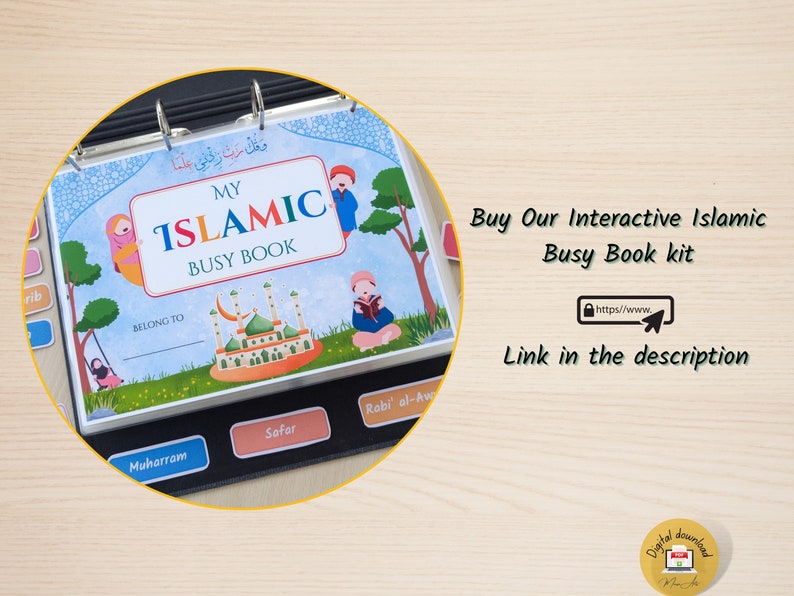 May include: A colorful Islamic Busy Book kit with a blue cover featuring a mosque and the words "My Islamic Busy Book". The cover also includes a space to write "Belong to". The book has a binder with silver rings and includes pages with the names of Islamic months, such as Muharram, Safar, and Rabi' al-Awwal.
