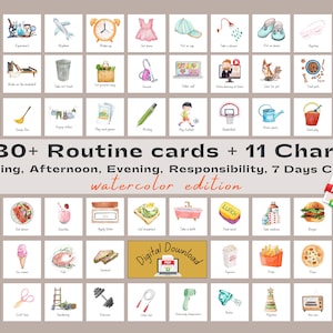 Bedtime Routine Chart and Cards Watercolor Toddler Daily Routine Chart Kids Chore Chart Morning Charts Rhythm Cards