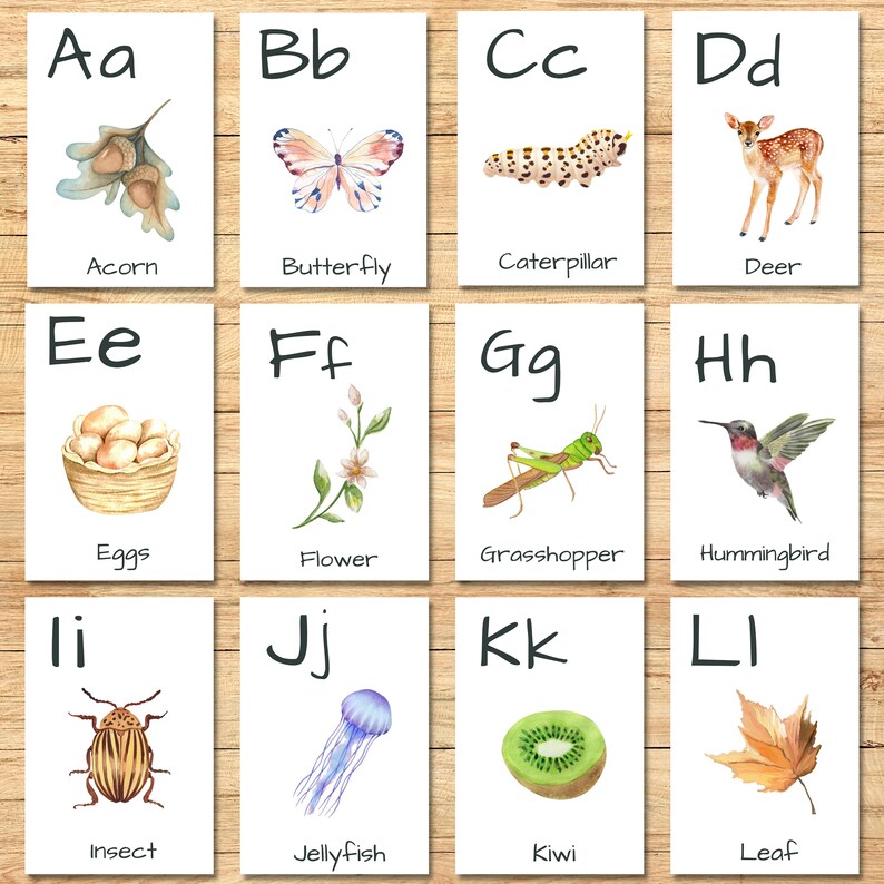 Nature Alphabet Printable Cards Watercolor Nature Abc Etsy