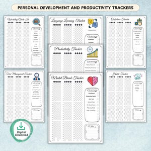 Premade BuJo planner with pixel and coloring trackers for yearly and daily goals.