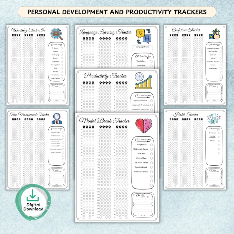 Premade BuJo planner with pixel and coloring trackers for yearly and daily goals.
