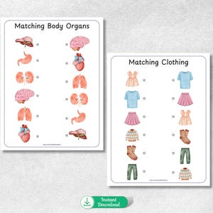 May include: Two printable worksheets for kids. The first worksheet is titled "Matching Body Organs" and features illustrations of various human organs. The second worksheet is titled "Matching Clothing" and features illustrations of different clothing items.