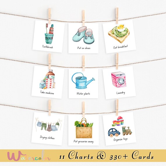 Daily Routine Cards With a Chart for Kids WATERCOLOR Morning Etsy