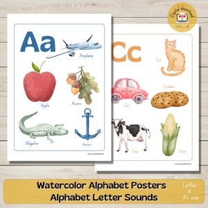 Watercolor Alphabet poster | Classroom ABC Poster | Preschool letter sounds | A4 & Letter size poster