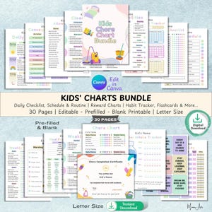 Editable Kids Chore Chart Bundle Daily Weekly Checklists, Rewards, Allowance, Screen Time, School Routine, Behavior Consequences Charts