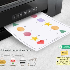 May include: A printable worksheet with 13 pages of shape matching activities for kids. The worksheet features colorful shapes like hearts, stars, circles, squares, and triangles. The text on the page says "13 Pages | Letter & A4 Size".
