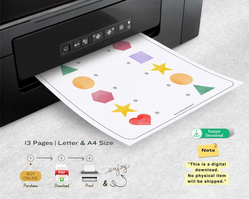 May include: A printable worksheet with 13 pages of shape matching activities for kids. The worksheet features colorful shapes like hearts, stars, circles, squares, and triangles. The text on the page says "13 Pages | Letter & A4 Size".