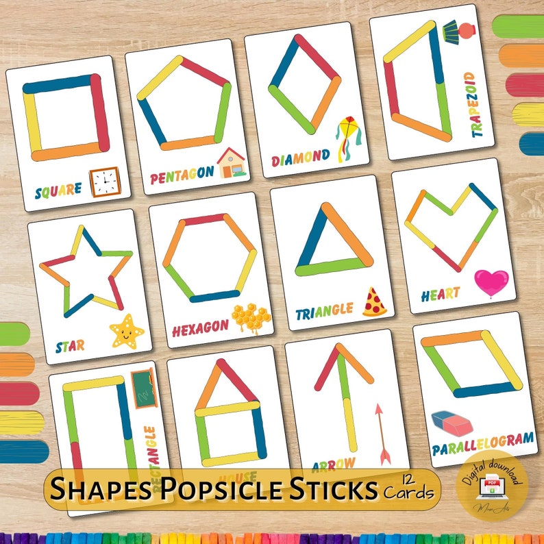 May include: Twelve colorful cards featuring different geometric shapes made with popsicle sticks. Each card has the name of the shape written below the image. The shapes include a square, pentagon, diamond, star, hexagon, triangle, heart, rectangle, arrow, and parallelogram.