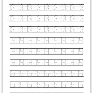 May include: A printable worksheet for tracing the numbers 13, 14, and 15. The worksheet has multiple lines of each number with dotted lines to help guide the tracing.