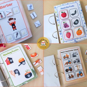 May include: A binder with four different matching games for kids. The games include matching fruits, construction vehicles, puzzles, and tools for a barber. Each game has a page with images and a separate page with matching pieces.