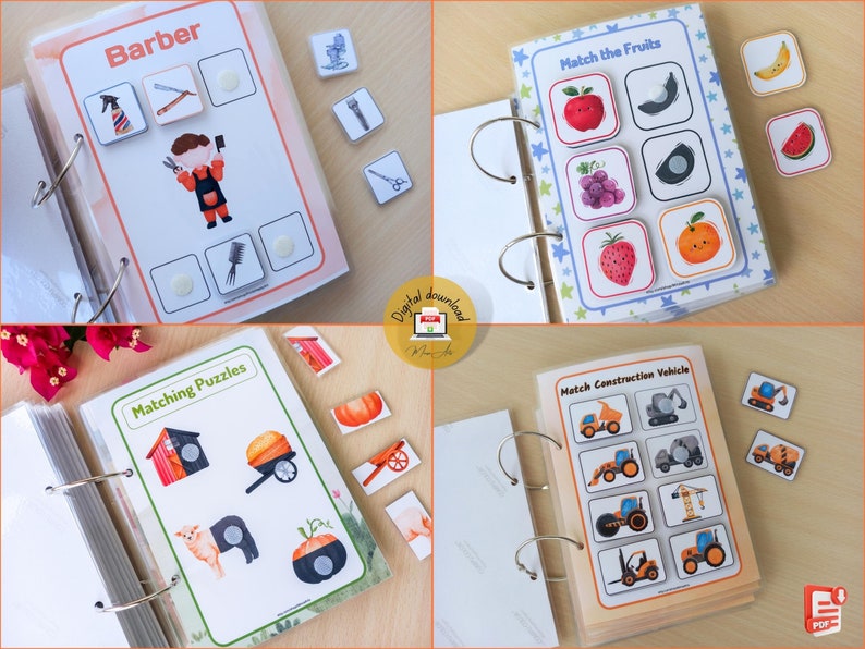 May include: A binder with four different matching games for kids. The games include matching fruits, construction vehicles, puzzles, and tools for a barber. Each game has a page with images and a separate page with matching pieces.
