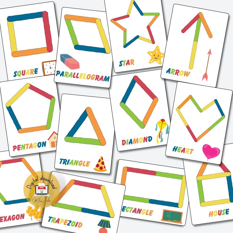 May include: A set of 10 printable flashcards featuring different shapes made from colorful sticks. The shapes include a square, parallelogram, star, arrow, pentagon, triangle, diamond, heart, rectangle, and house.