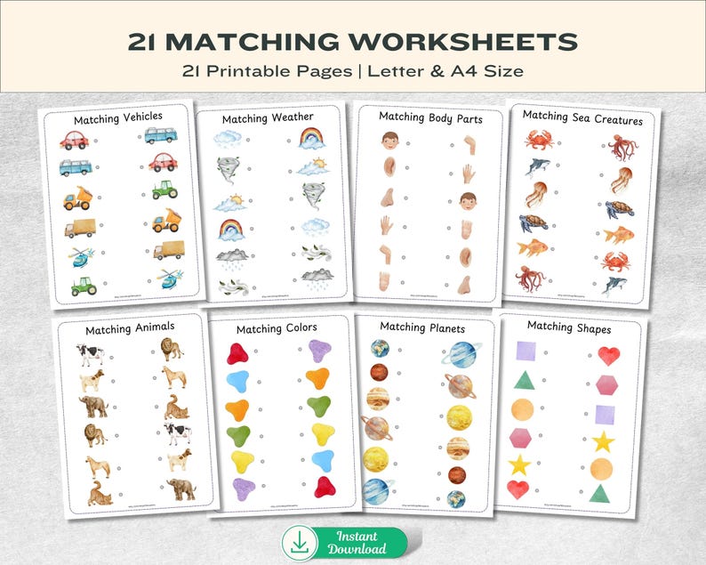 Engaging Printable Matching Worksheets for Preschool Kindergarten Fun and Educational Activities - PDF