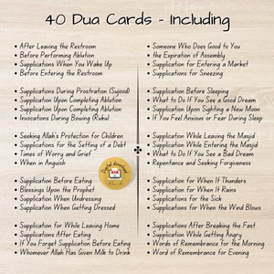 Peut inclure: Un ensemble de 40 cartes avec une liste de diff&eacute;rentes supplications ou douas, y compris des supplications pour avant de manger, apr&egrave;s avoir mang&eacute;, au r&eacute;veil et en quittant les toilettes. Les cartes sont imprim&eacute;es sur un fond blanc avec du texte noir.