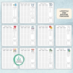 Organized annual planner with premade pixel tracking designs for habits and fitness.